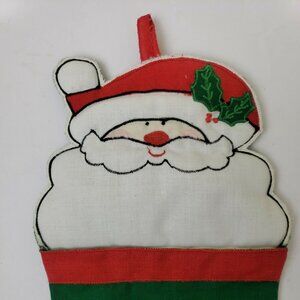 80s Christmas Stocking Santa Claus Applique Quilted Holly Jolly St Nick Vintage